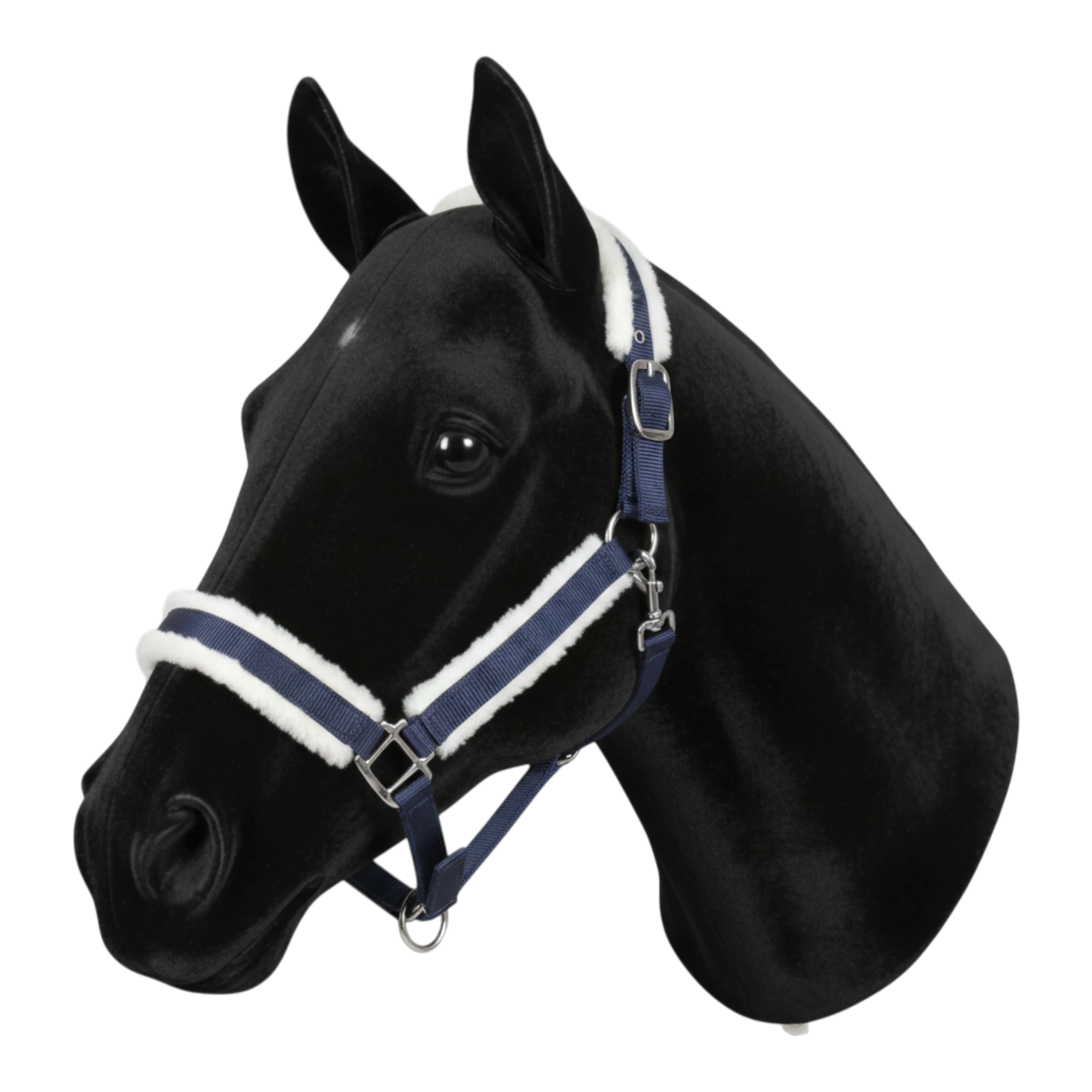 TdeT navy blue nylon horse halter with white synthetic sheepskin lining on noseband and crown.