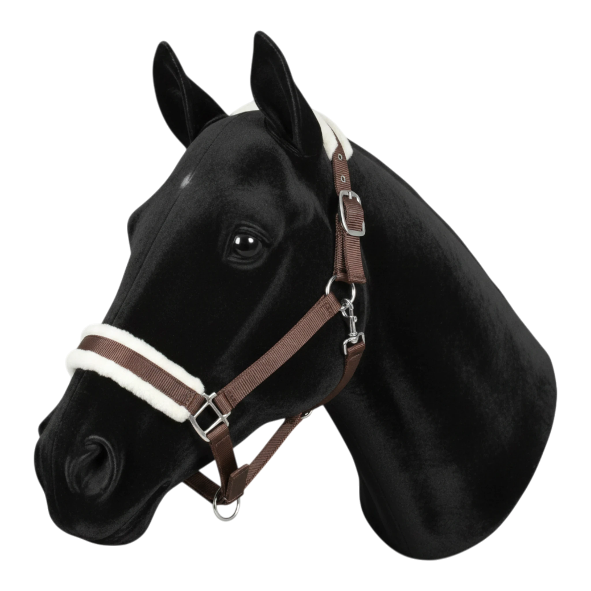 TdeT brown nylon horse halter with white synthetic sheepskin lining on noseband and crownpiece. Adjustable straps and quick-release clip.