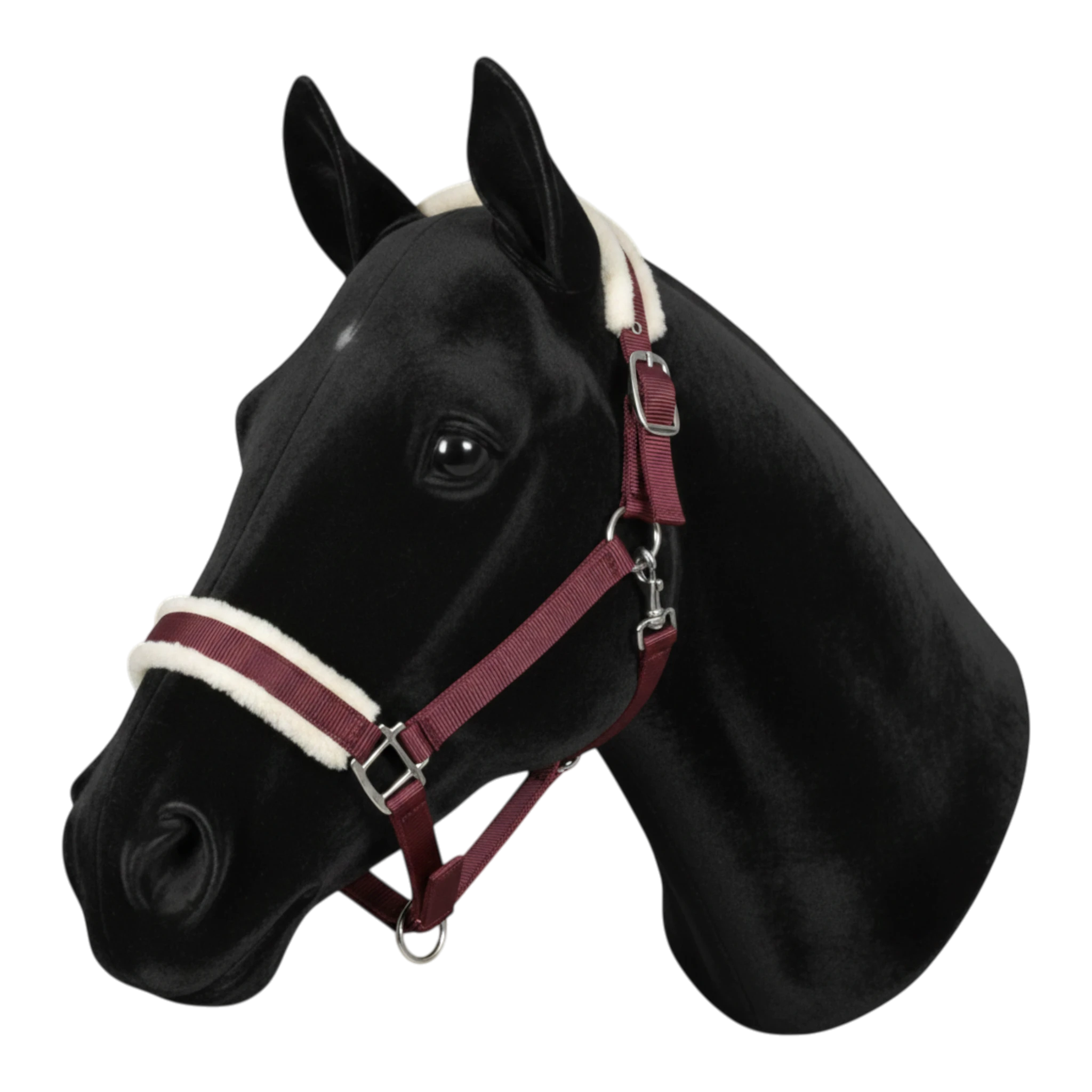 TdeT burgundy nylon horse halter with synthetic sheepskin lining on noseband and crown. Adjustable straps and quick-release clip.