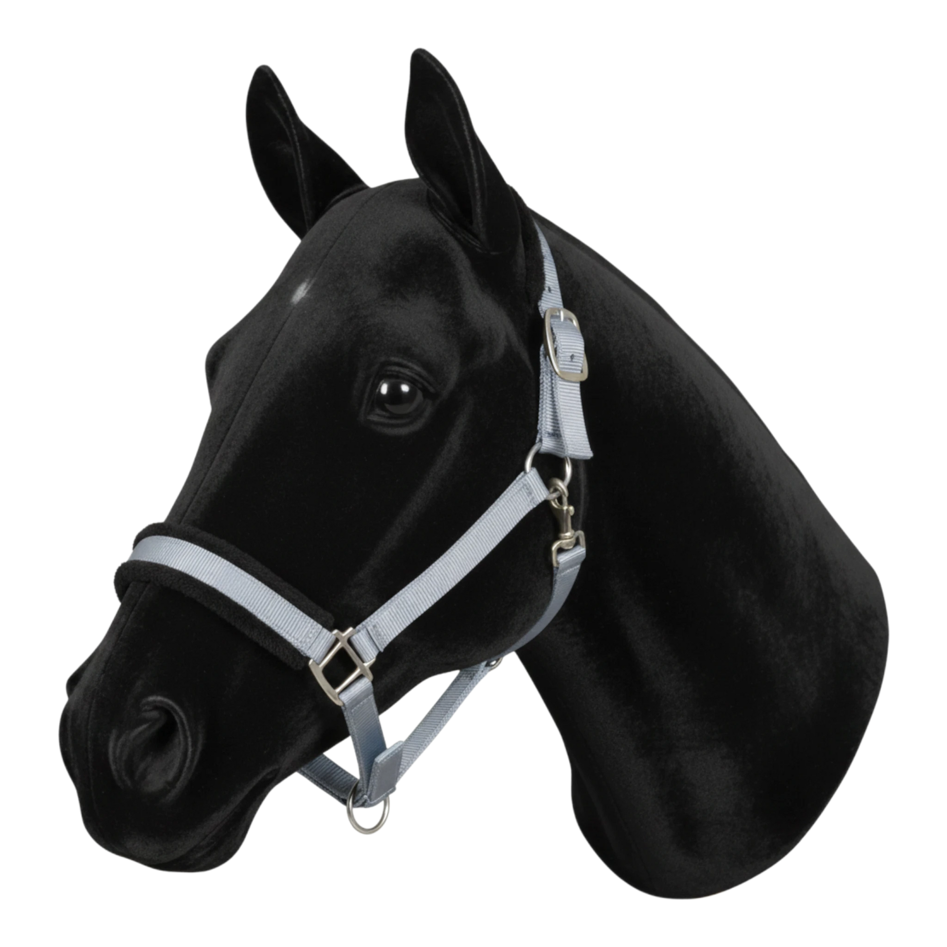 TDET Grey nylon horse halter with black synthetic sheepskin lining on noseband and crown. Adjustable straps and silver hardware.