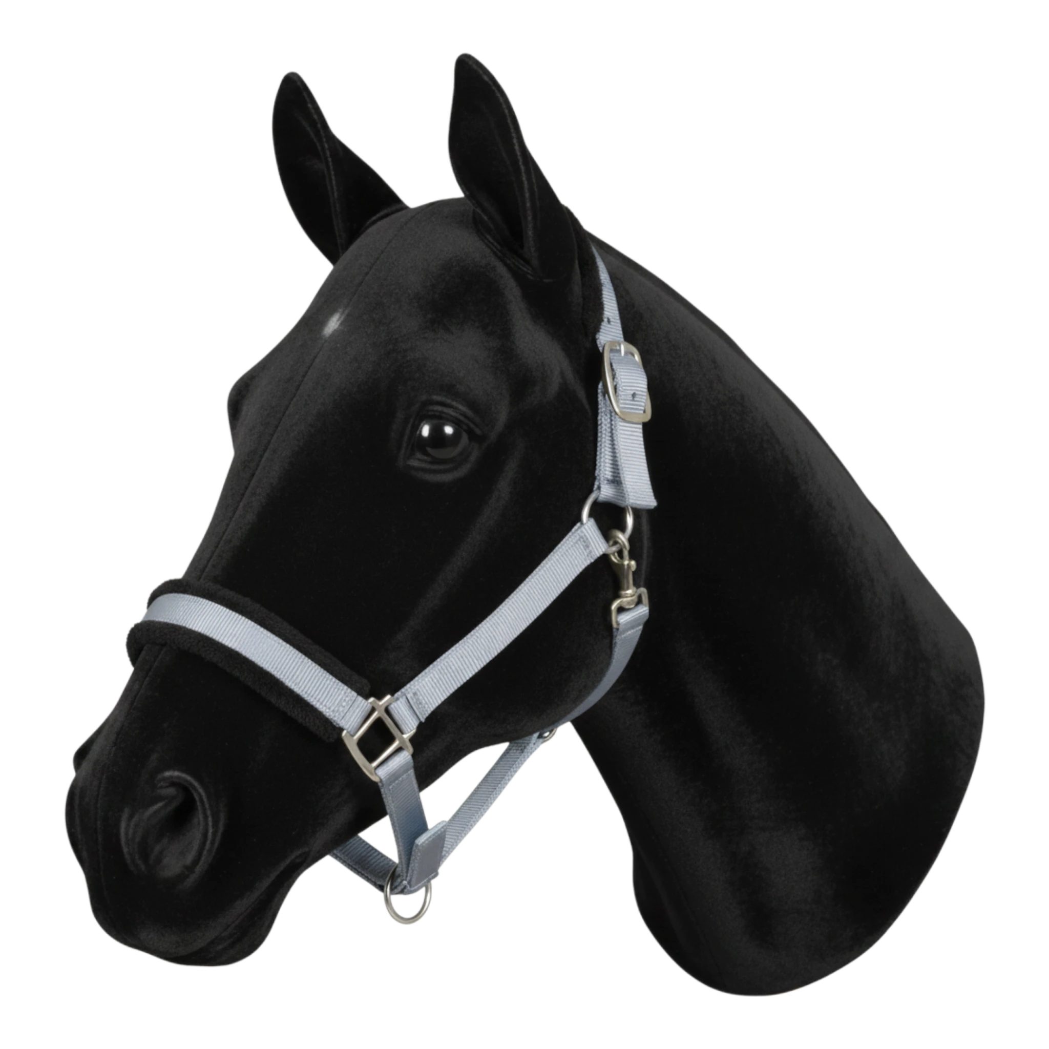 TDET Grey nylon horse halter with black synthetic sheepskin lining on noseband and crown. Adjustable straps and silver hardware.