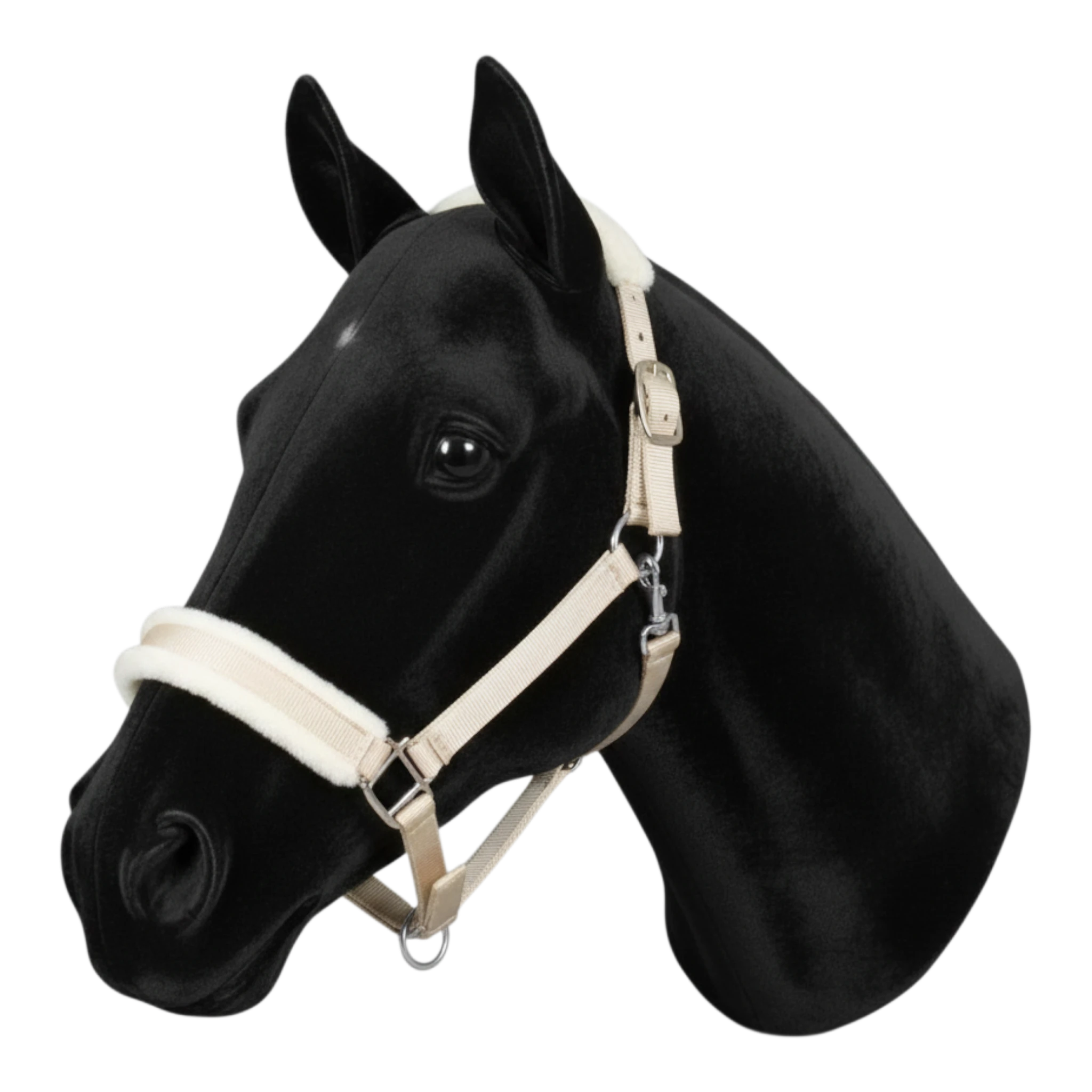 TdeT beige synthetic sheepskin horse halter with adjustable straps and brass hardware on a black horse head model.